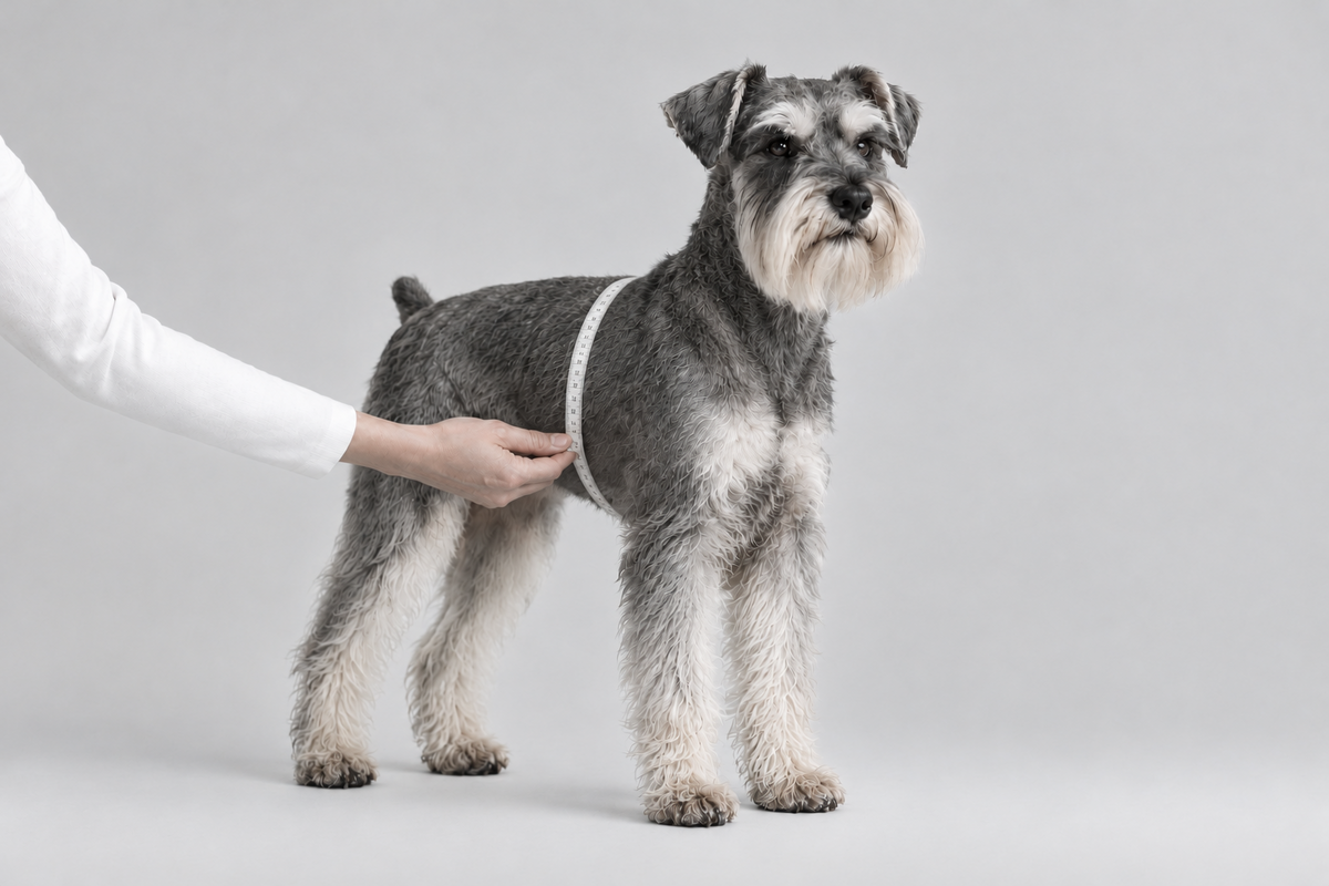 ミニチュアシュナウザーの胴回りをメジャーで測定している様子｜犬服のサイズの測り方