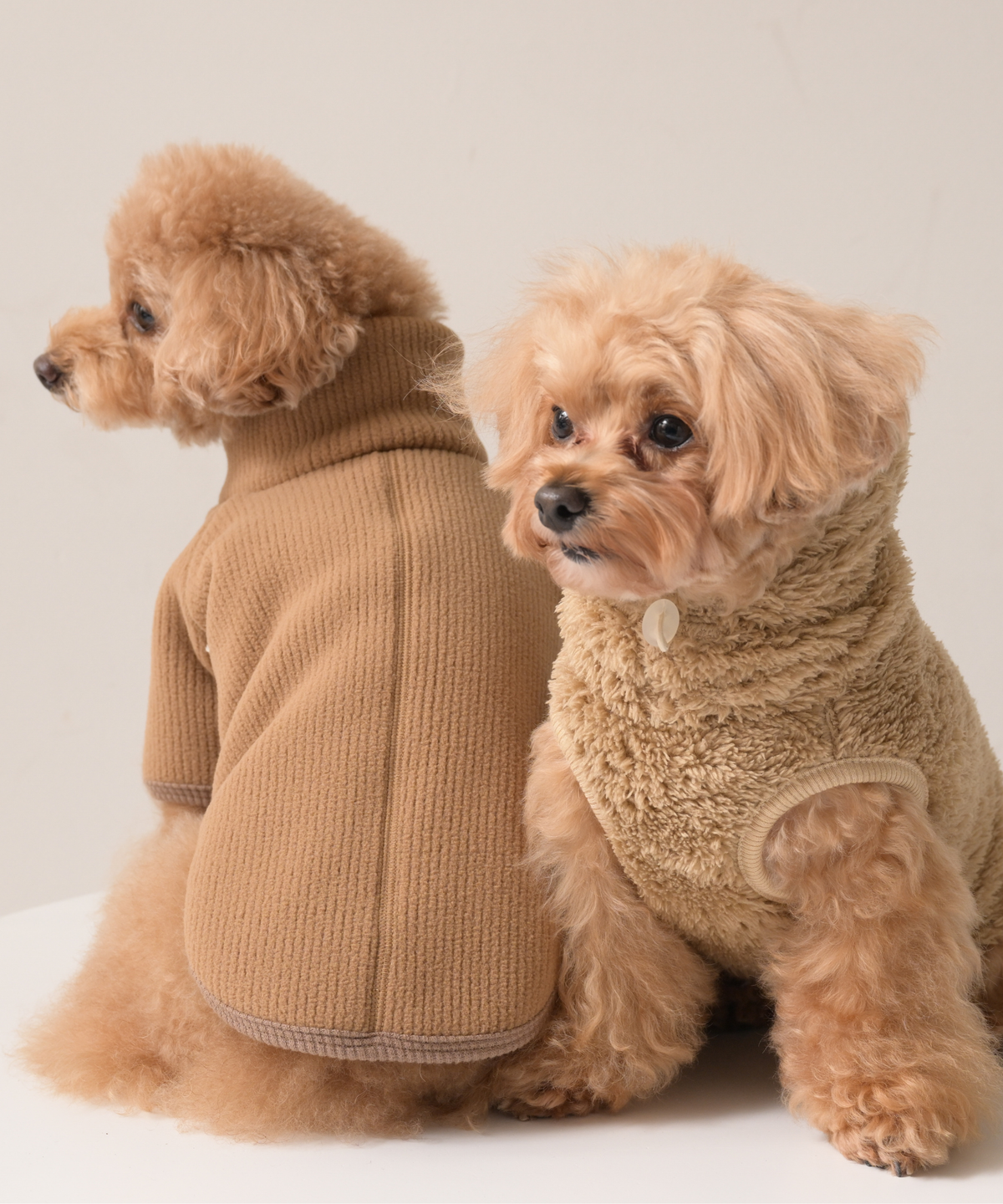 COTIRA × PONODOG別注カラー「キャメル」の犬用ハイネックリサイクルリブフリース。リサイクルポリエステル100％のやわらかな素材とラグラン袖を採用した、日本製の秋冬用ドッグウェア。